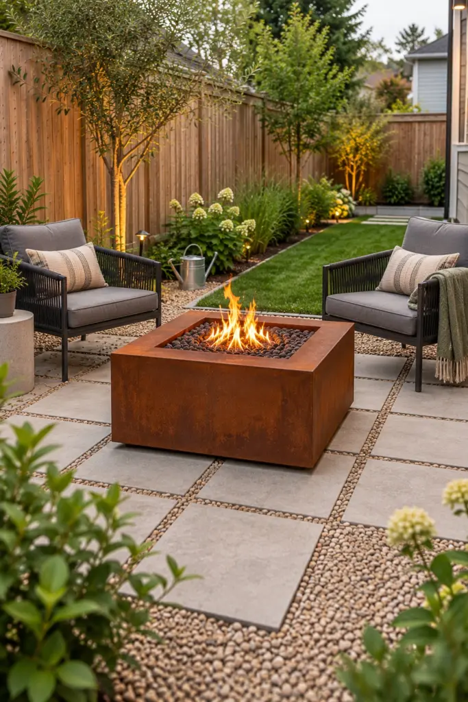Square corten steel fire pit centered on square concrete pavers in a narrow yard