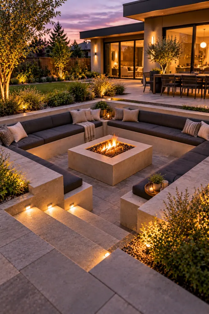 Square sunken lounge with four cushioned built-in benches around a fire table