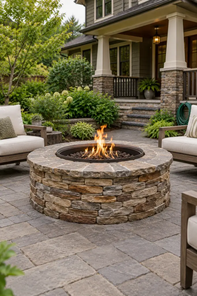 Round stacked flagstone fire pit with thin layered stone and flat caps on a paver patio