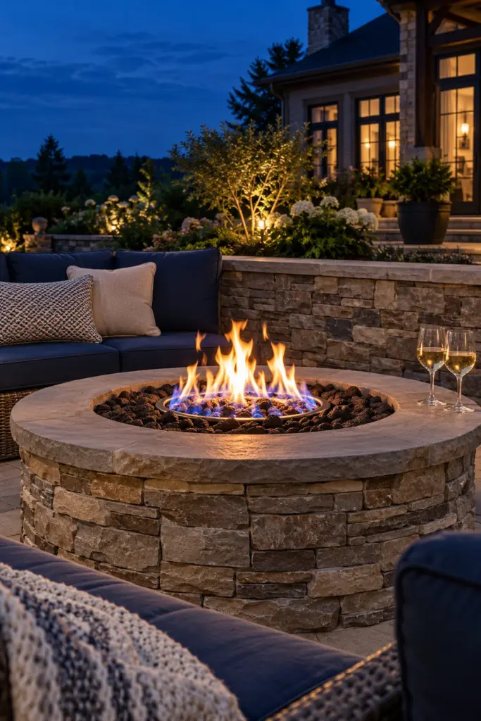 Stacked stone gas fire pit with a burner ring filled with lava rock at dusk