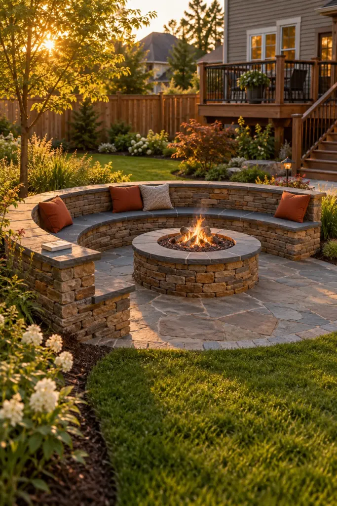 Stacked stone seat wall wrapping three-quarters of a round stone fire pit