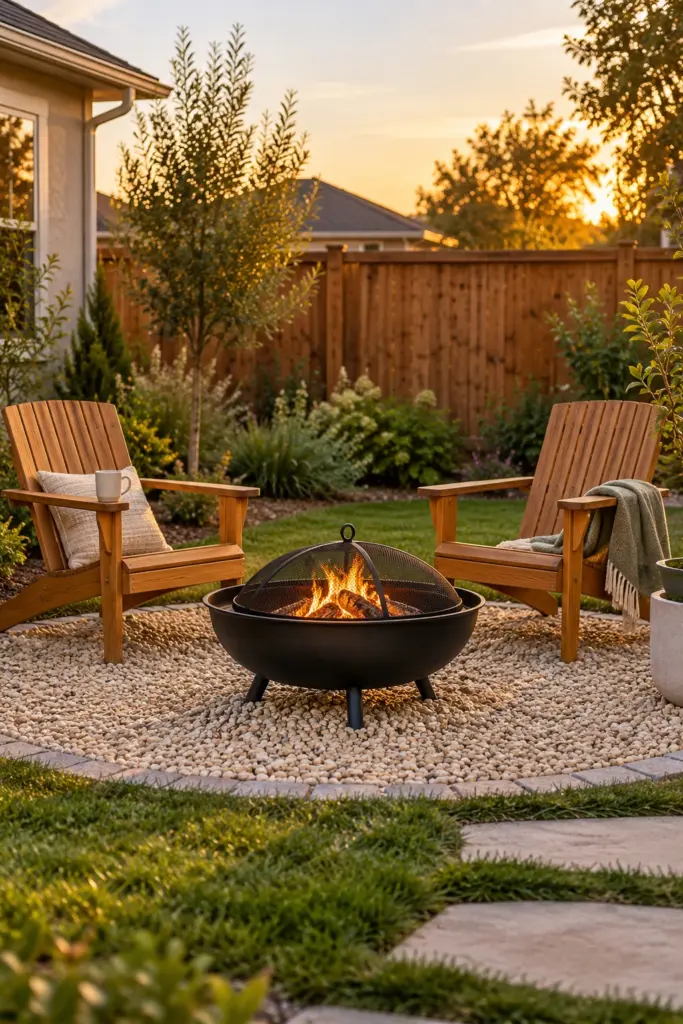 Small black steel fire bowl with two acacia chairs on a pea gravel circle