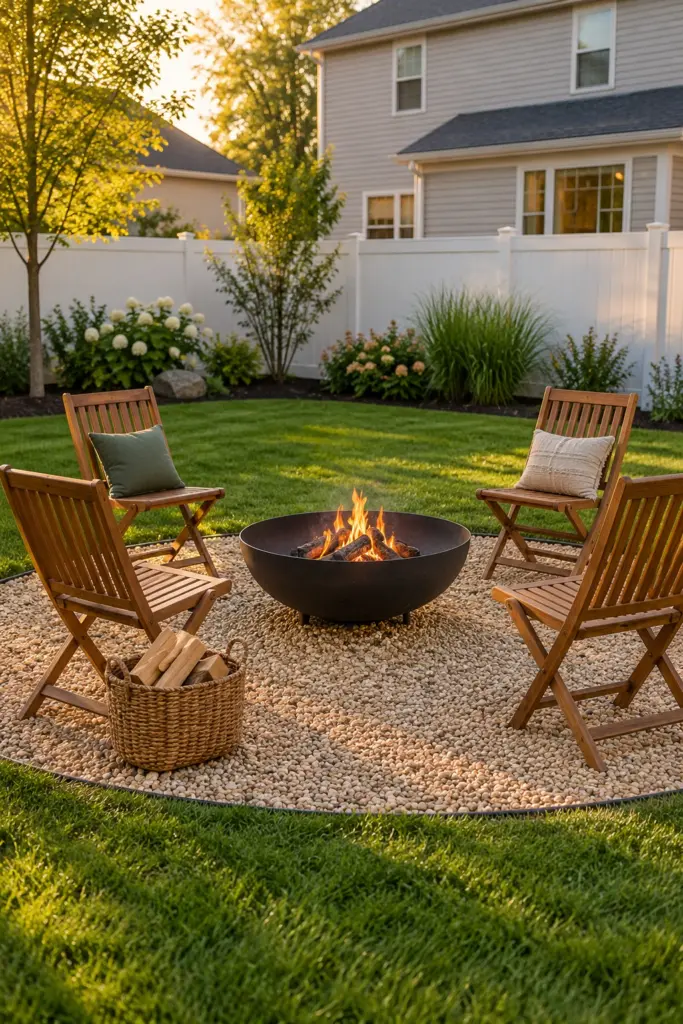 Black steel fire bowl on a round pea gravel circle with four folding wood chairs