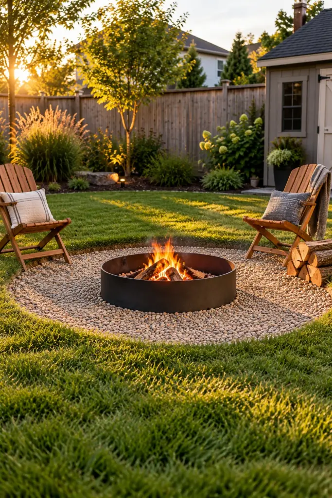 Black steel fire ring sunk into a shallow pea gravel bowl in a backyard lawn