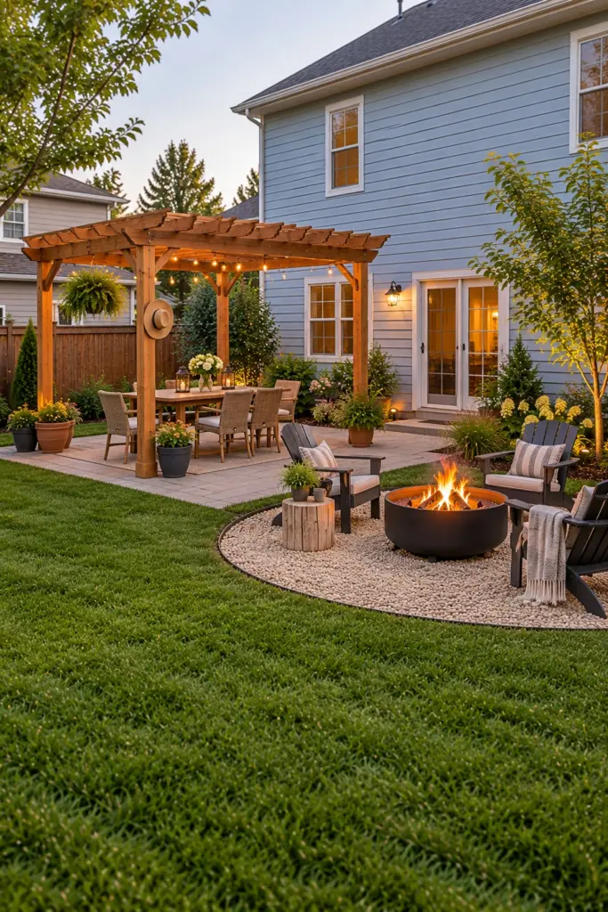 Fieldstone fire ring surrounded by tree-stump stools on gravel