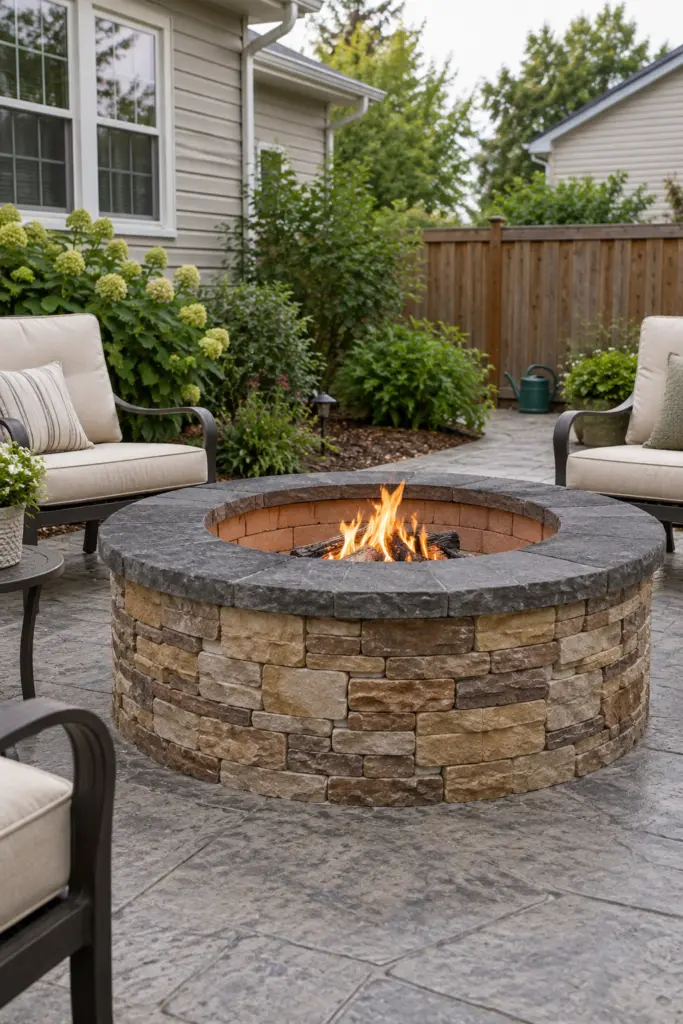 Round fire pit faced with stacked ledgestone veneer over a block core on a concrete patio