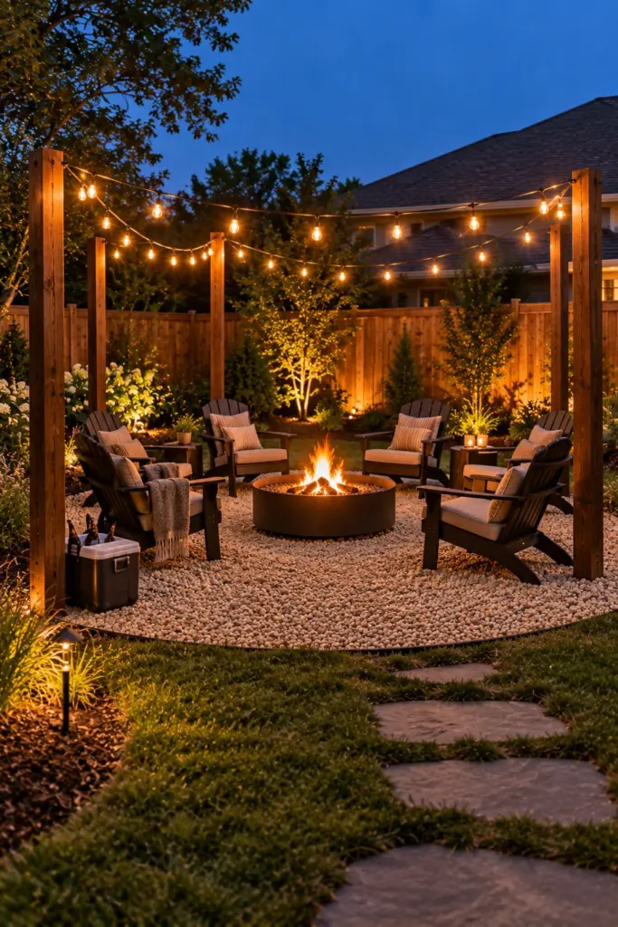 Bistro string lights on wooden posts around a gravel fire circle at dusk