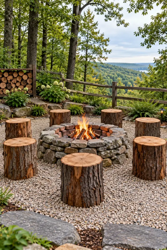 Hardwood stump stools around a fieldstone fire ring on gravel