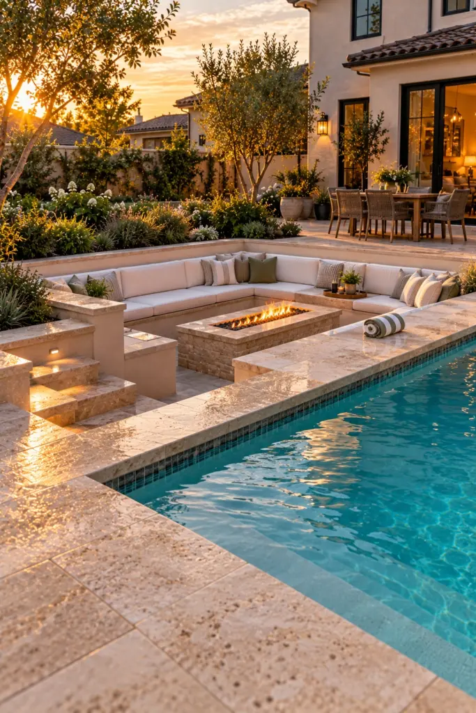 Sunken conversation pit with travertine bench caps next to a backyard pool
