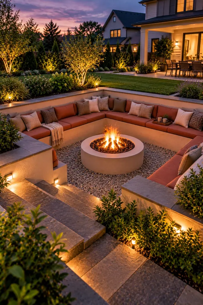 Fully sunken conversation pit with a wraparound cushioned bench around a fire pit