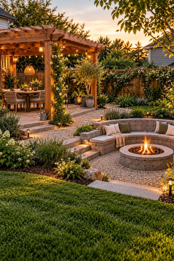 Sunken fire pit with a seat wall placed beside a freestanding cedar pergola