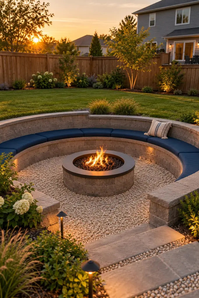 Sunken fire pit with a curved block bench wall and navy cushions below lawn level