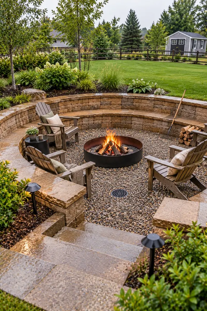 Sunken fire pit seat wall with a small drain grate set into the gravel floor