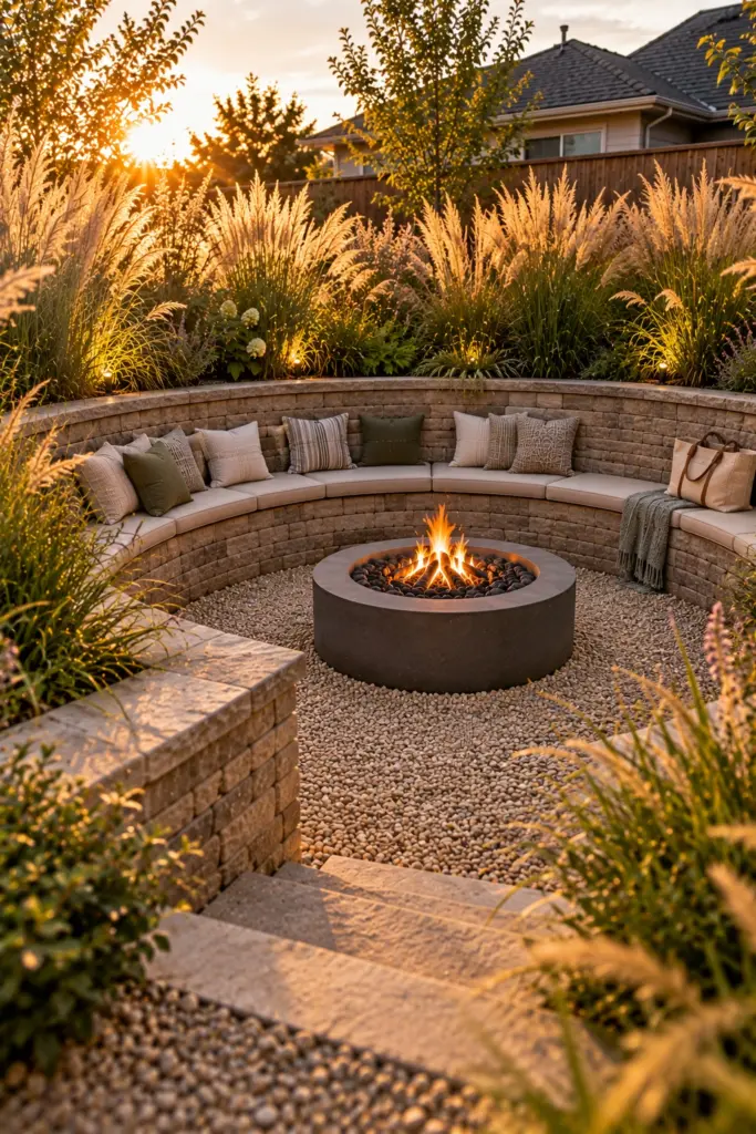 Sunken fire pit surrounded by tall ornamental grasses planted around the rim