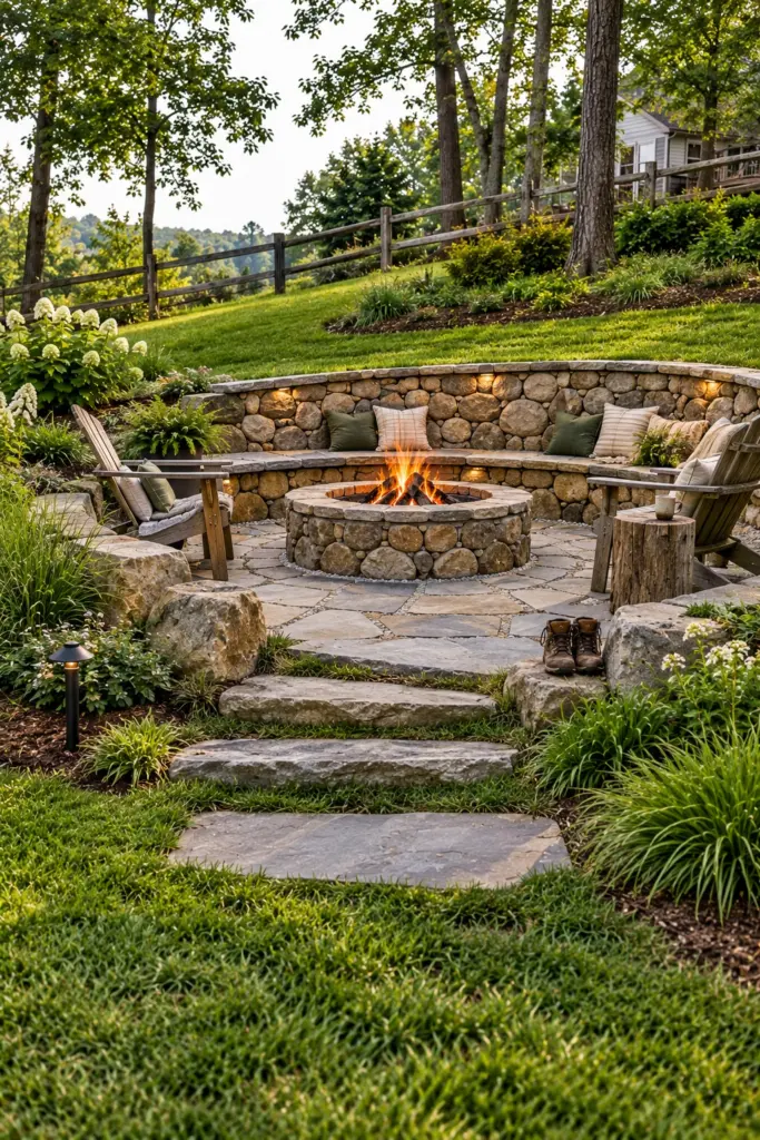 Sunken fire pit cut into a backyard slope with a curved fieldstone retaining wall