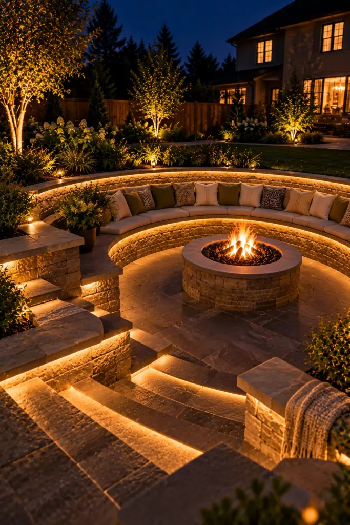 Sunken fire pit at night with warm lights under bench caps and in step risers