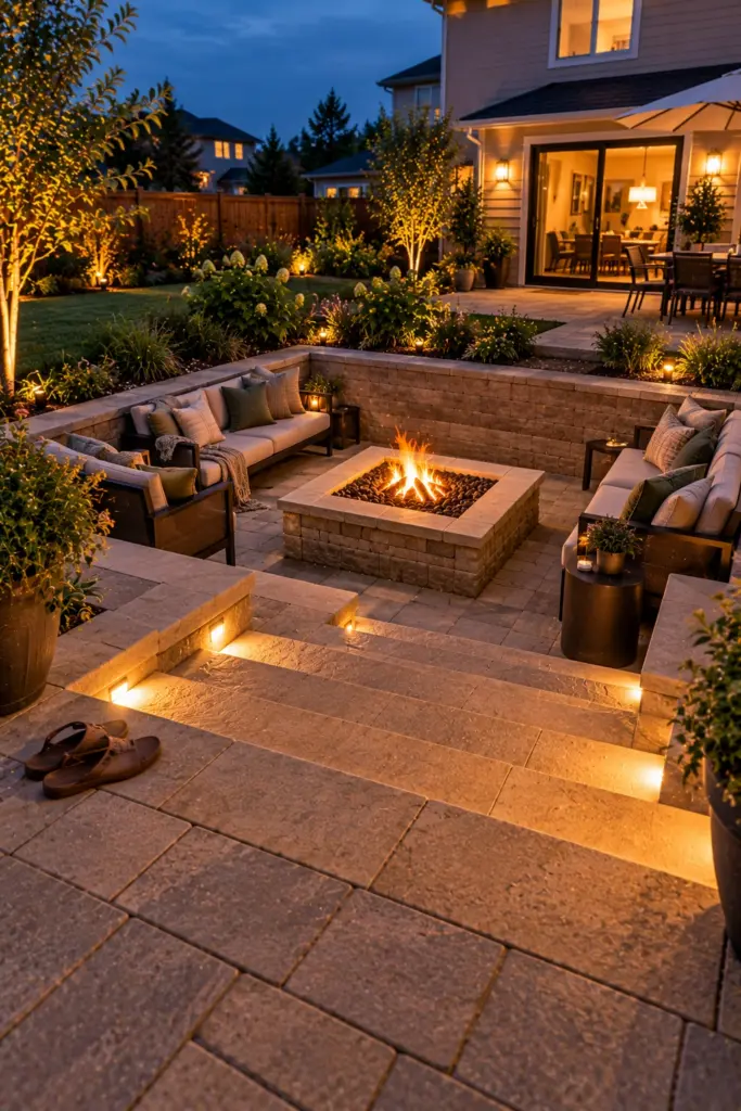 Wide paver steps leading from a patio down into a sunken fire pit area