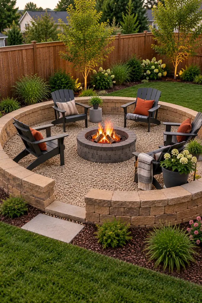Low block wall circle around a gravel floor and stone fire ring with chairs