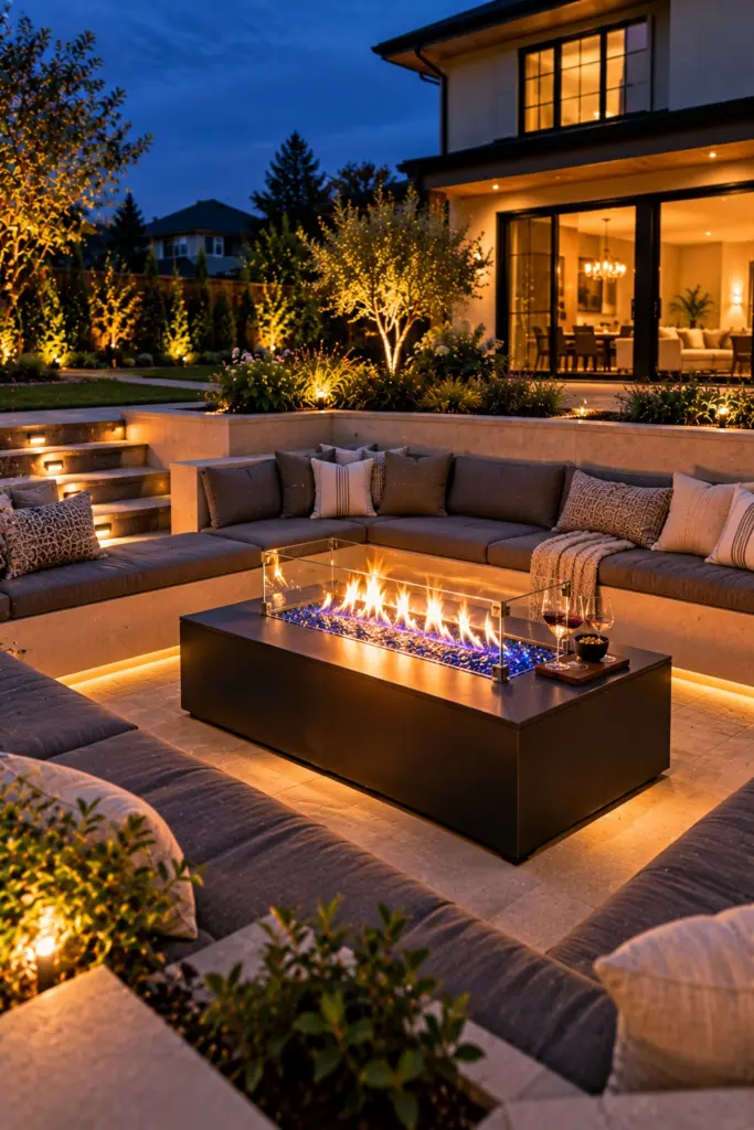Gas fire table with a glass wind guard in a sunken lounge with built-in benches