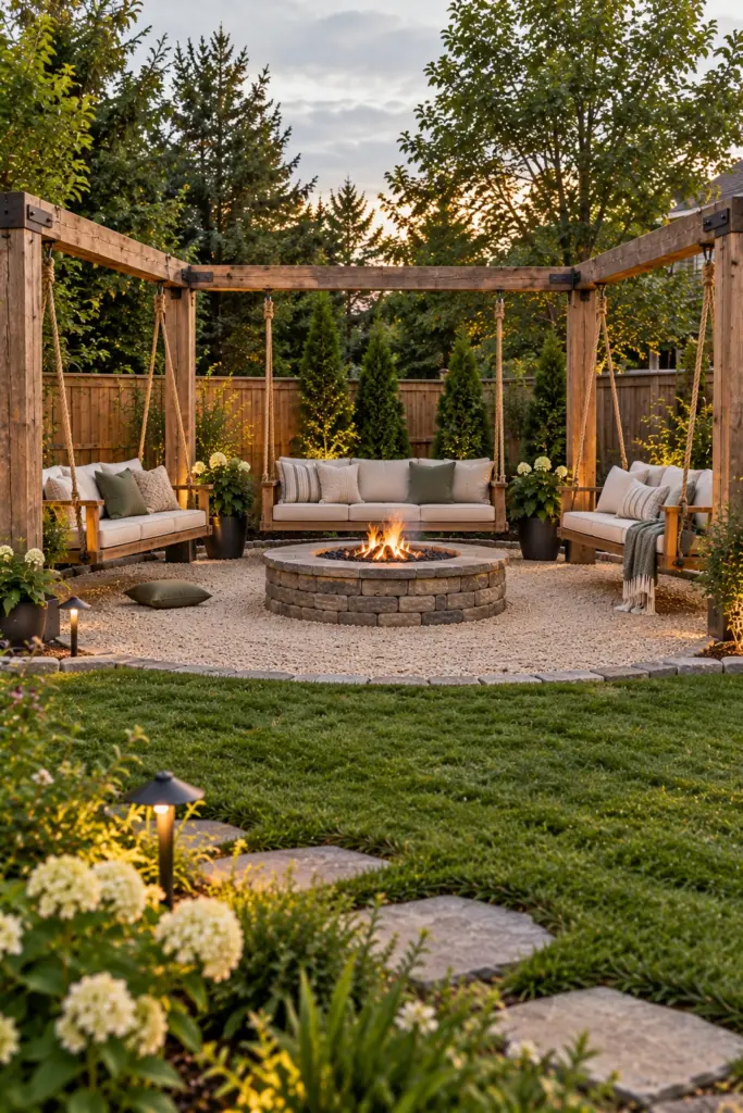 Hanging bench swings on a U-shaped timber frame around a fire pit