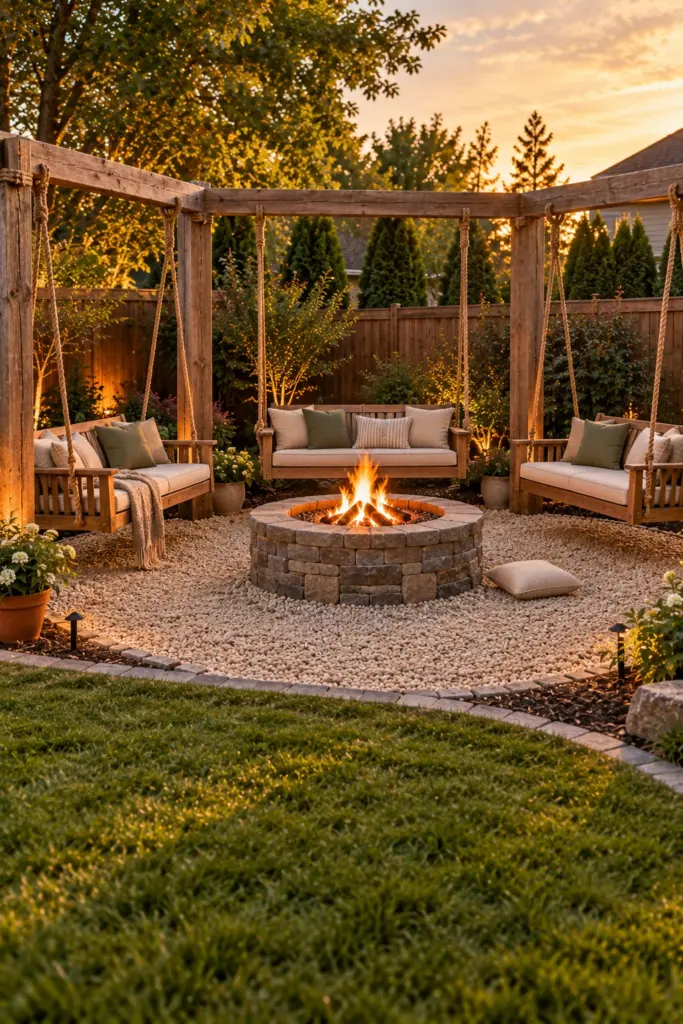 Hanging bench swings on a timber frame around a stone fire pit