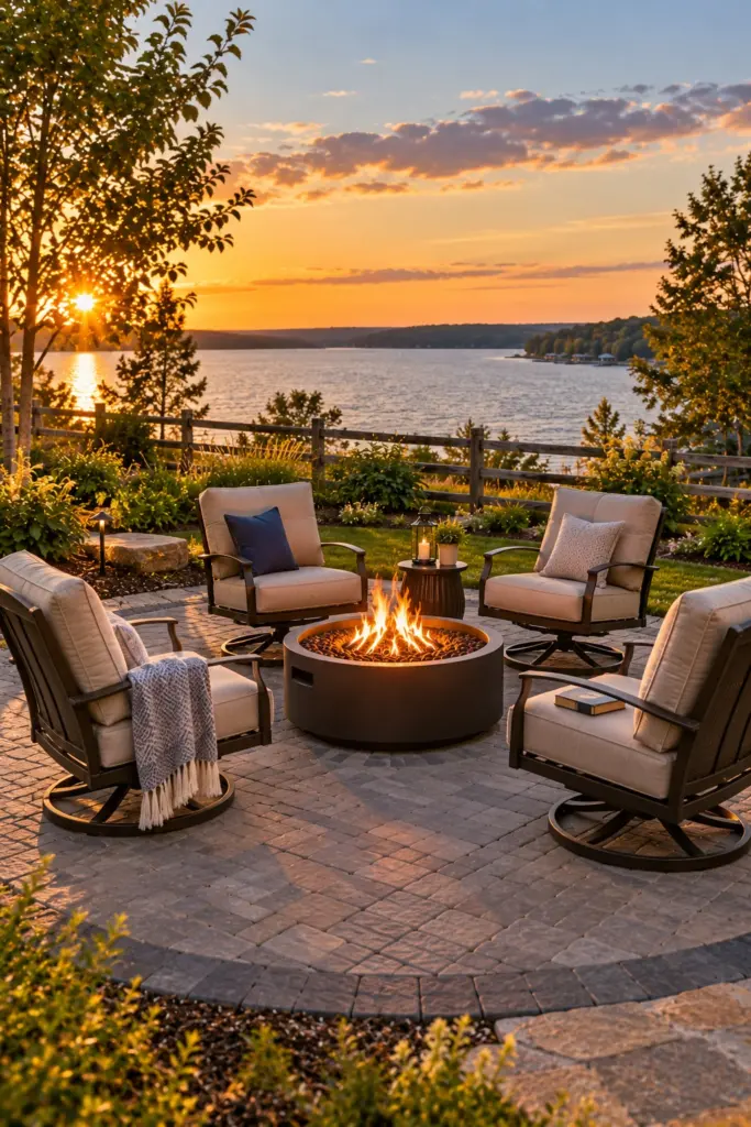 Five swivel rocking chairs in a circle around a fire pit on a paver pad