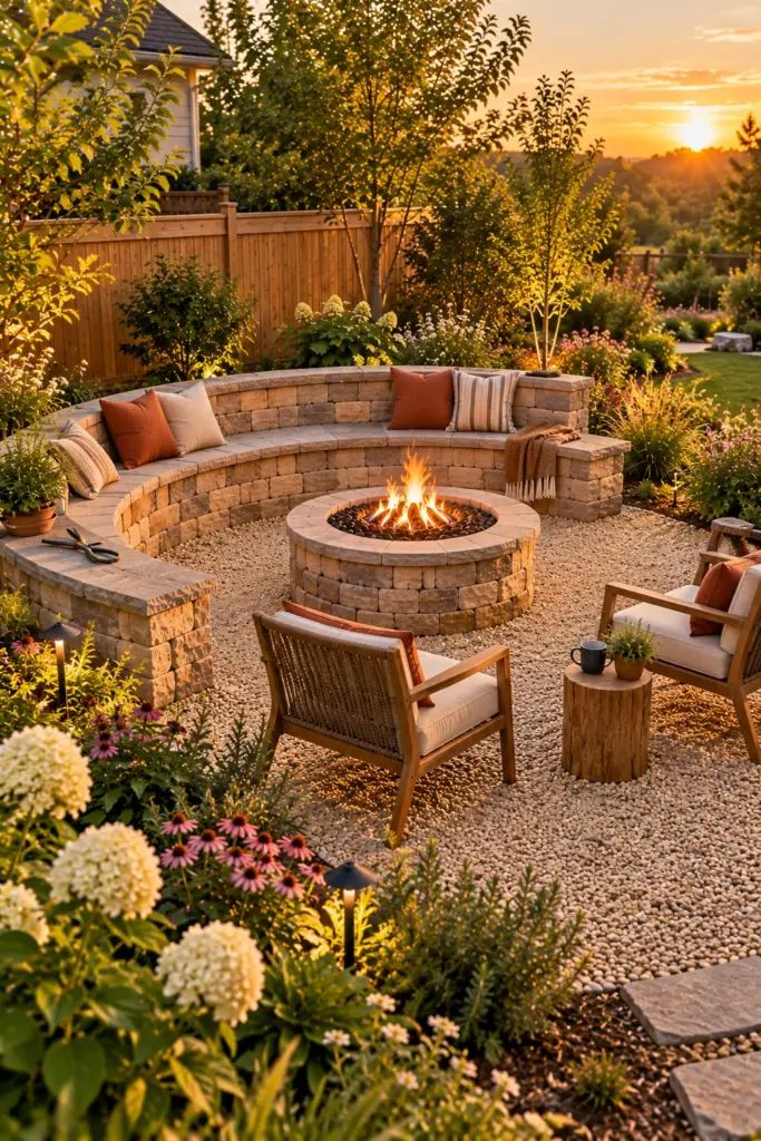 Three-quarter stone seat wall around a fire pit open toward a garden