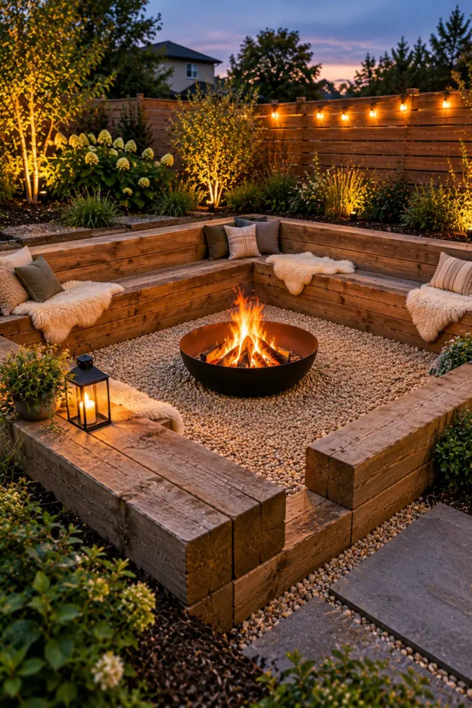 Timber sleeper benches surrounding a square sunken fire pit with a steel fire bowl