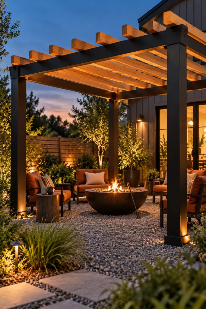 Two-tone pergola with black posts and natural cedar rafters around a fire bowl at dusk