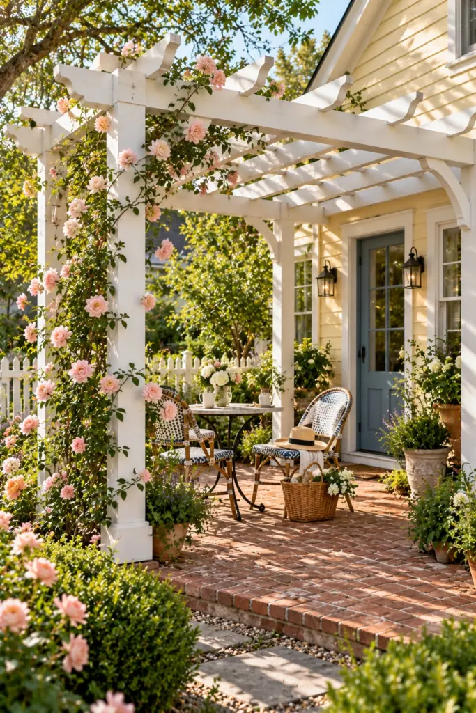 White painted pergola with a blush climbing rose over a red brick cottage patio in morning sun